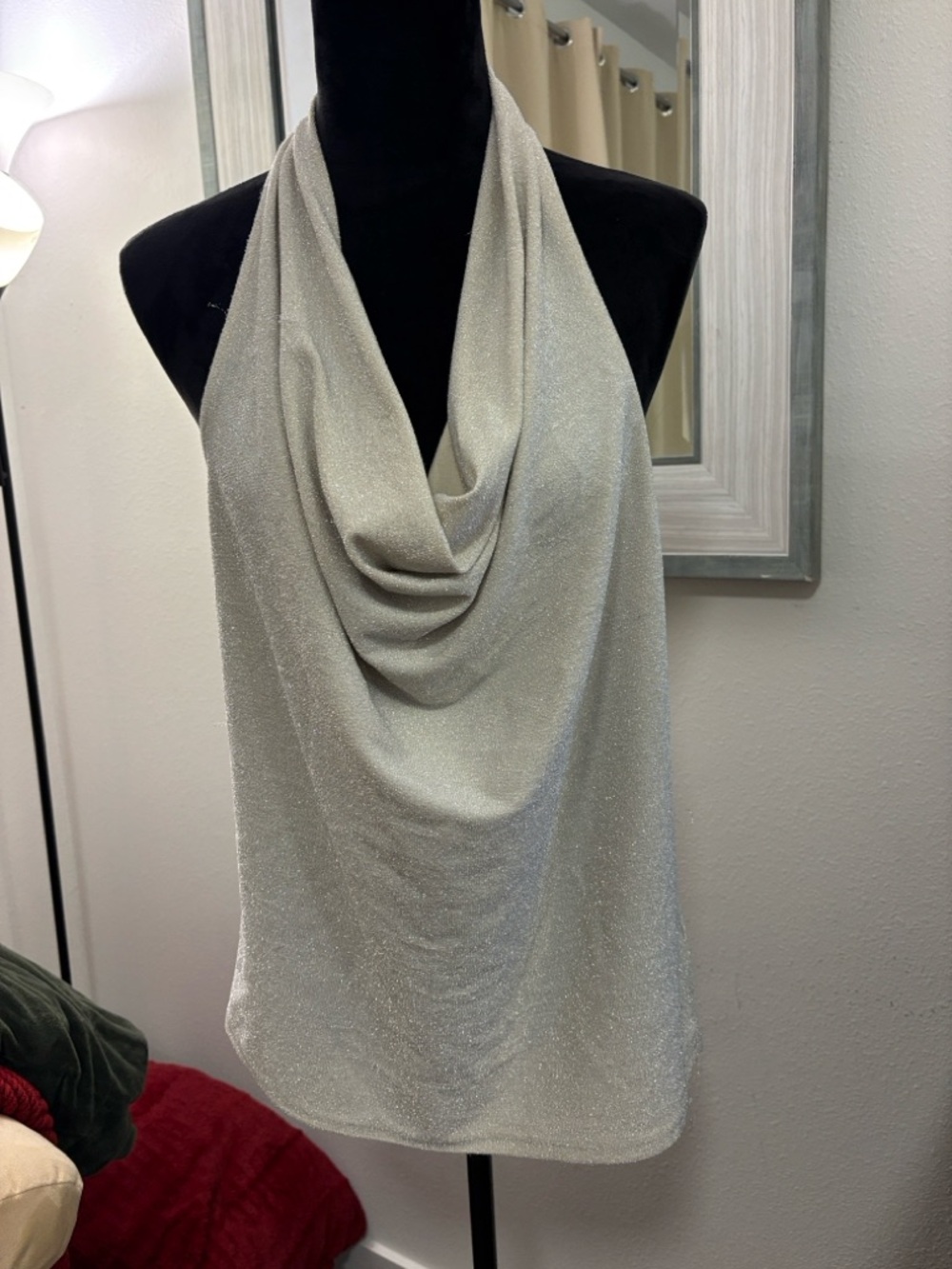 Express Silver Halter Cowl Neck Metallic Tank
